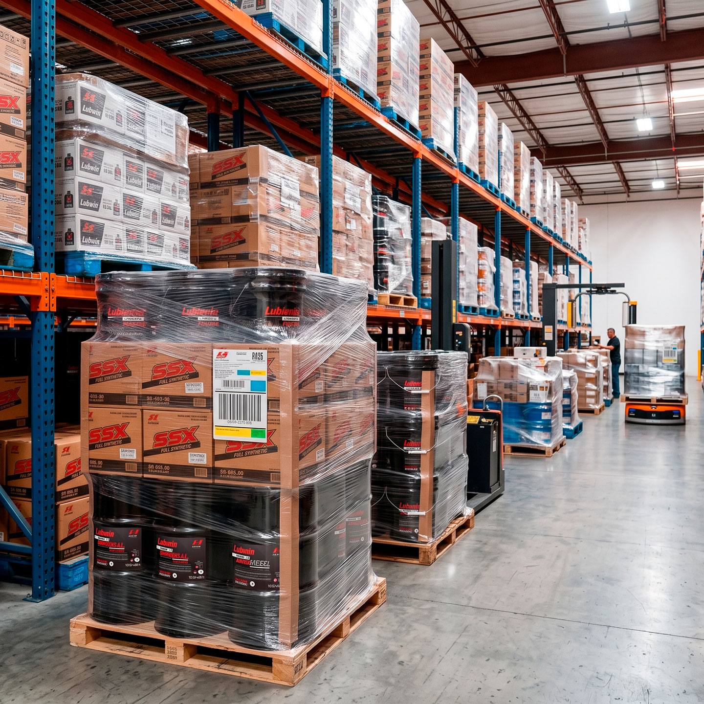 Pallets de lubricantes Lubwin listos para despacho